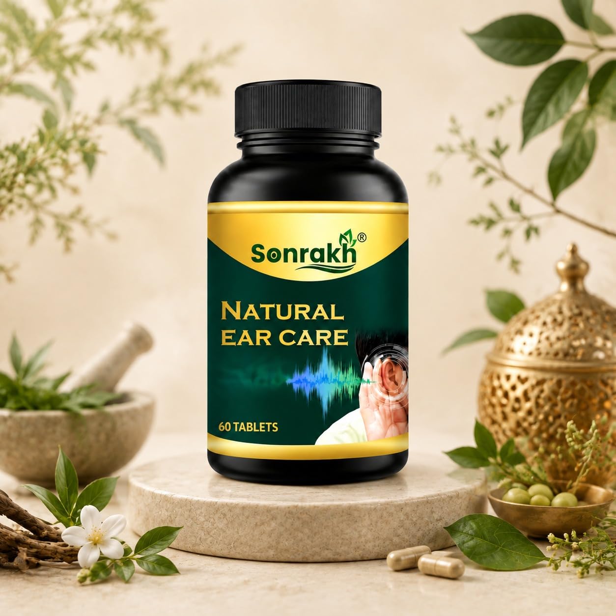 Sonrakh Natural Ear Care Tablets, 60 Count, Ayurvedic Herbal Supplement, 95g Bottle - close-up detail
