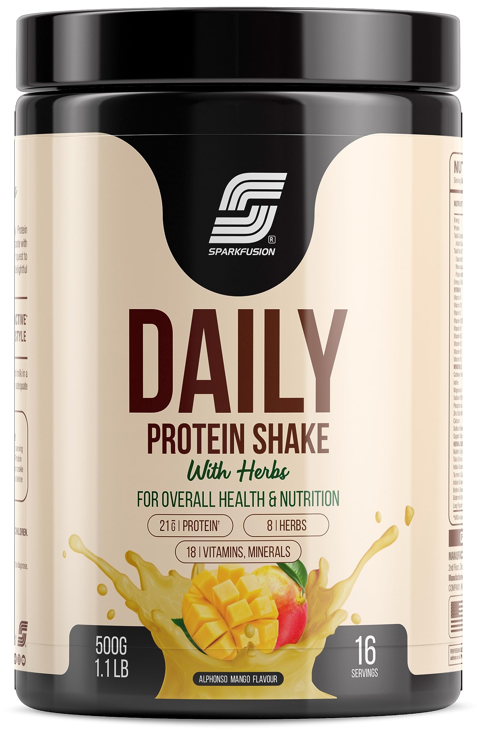 Sparkfusion Daily Protein Shake With Herbs Powder, Whey Protein with 8 Ayurvedic Herbs, Adult