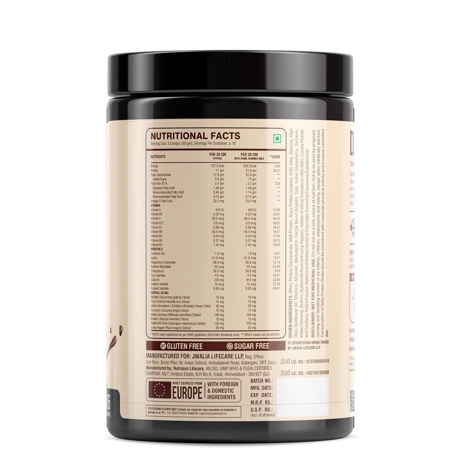 Sparkfusion Daily Protein Shake With Herbs Powder, Whey Protein with 8 Ayurvedic Herbs, Adult - label detail