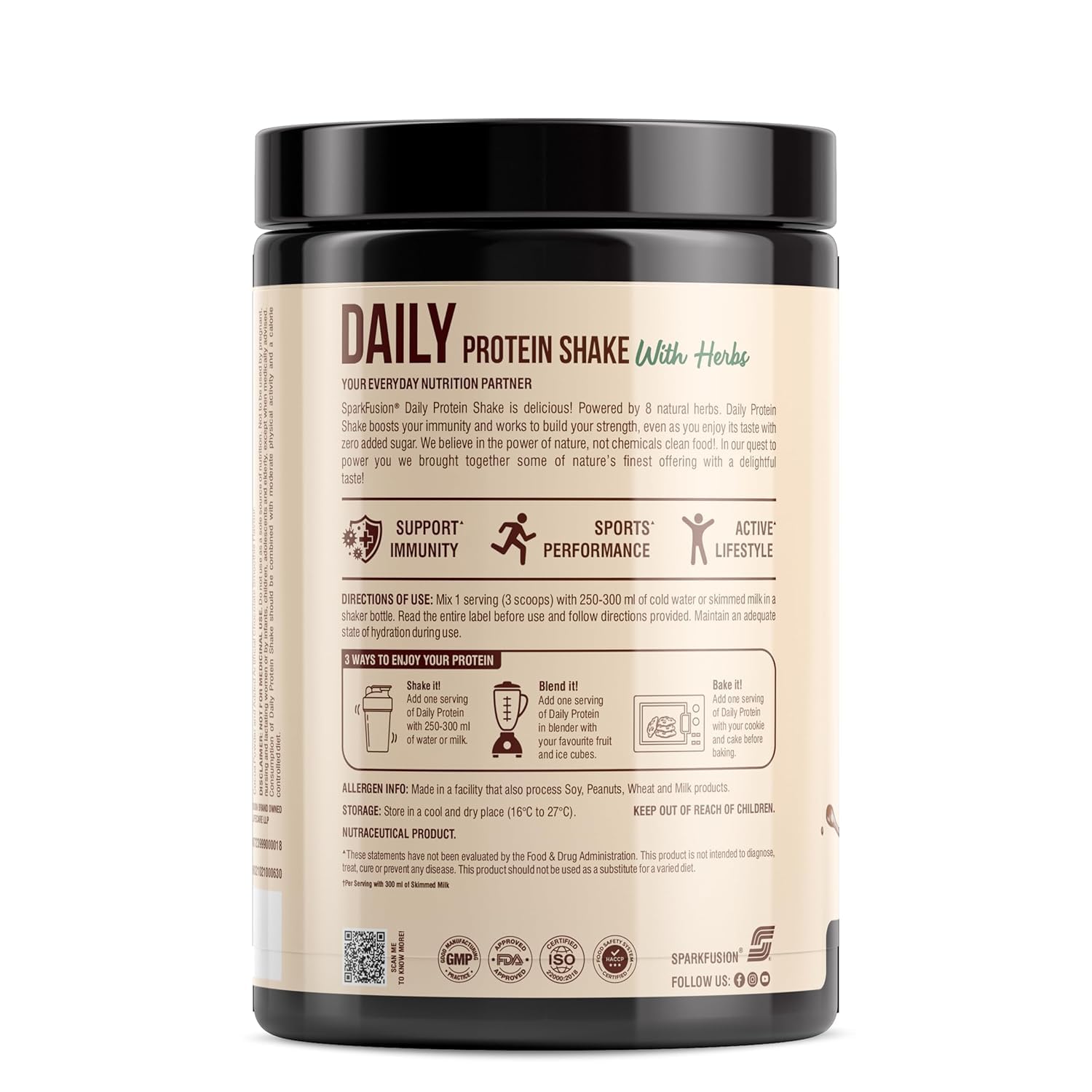 Sparkfusion Daily Protein Shake With Herbs Powder, Whey Protein with 8 Ayurvedic Herbs, Adult - ingredients panel