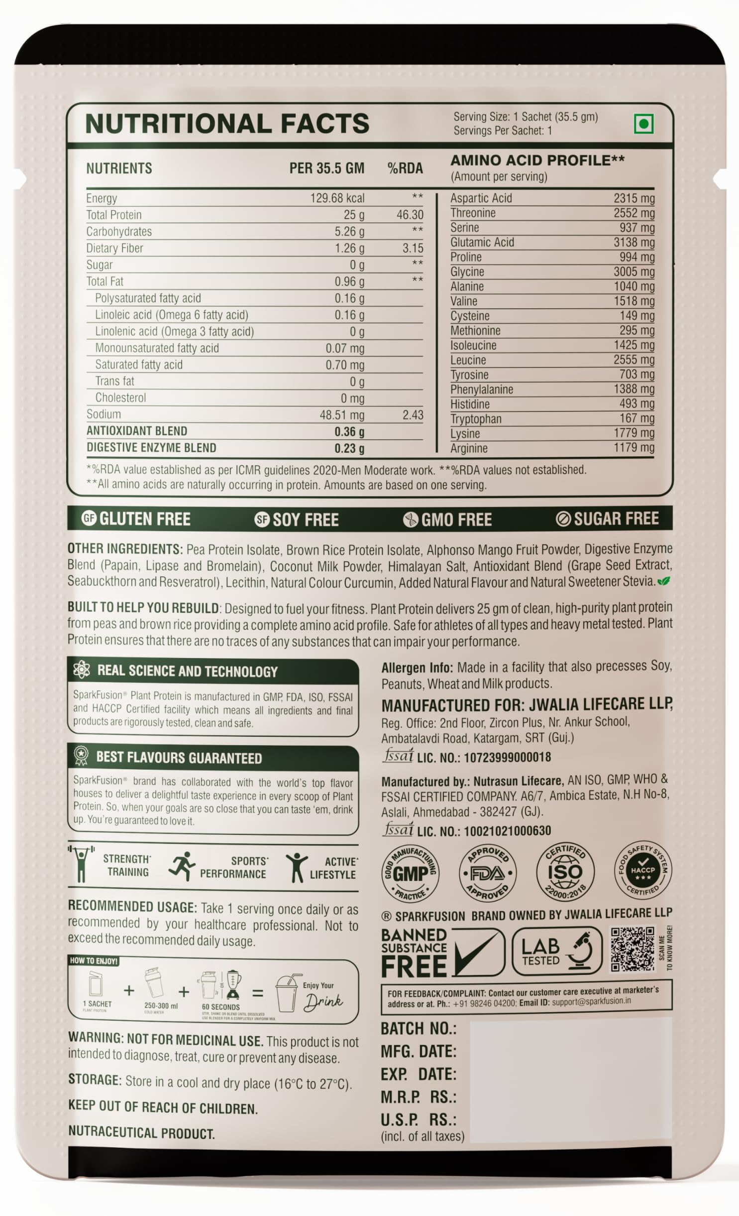 Sparkfusion Plant Protein Powder - Pea & Brown Rice Protein, Vegan, Gluten-Free, Soy-Free, Non-GMO, Digestive Enzymes - close