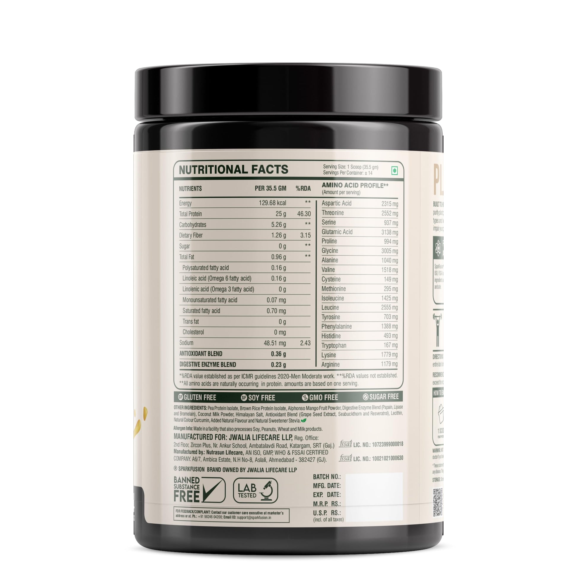 Sparkfusion Plant Protein Powder - Pea & Brown Rice Protein, Vegan, Gluten-Free, Soy-Free, Non-GMO, Digestive Enzymes - label