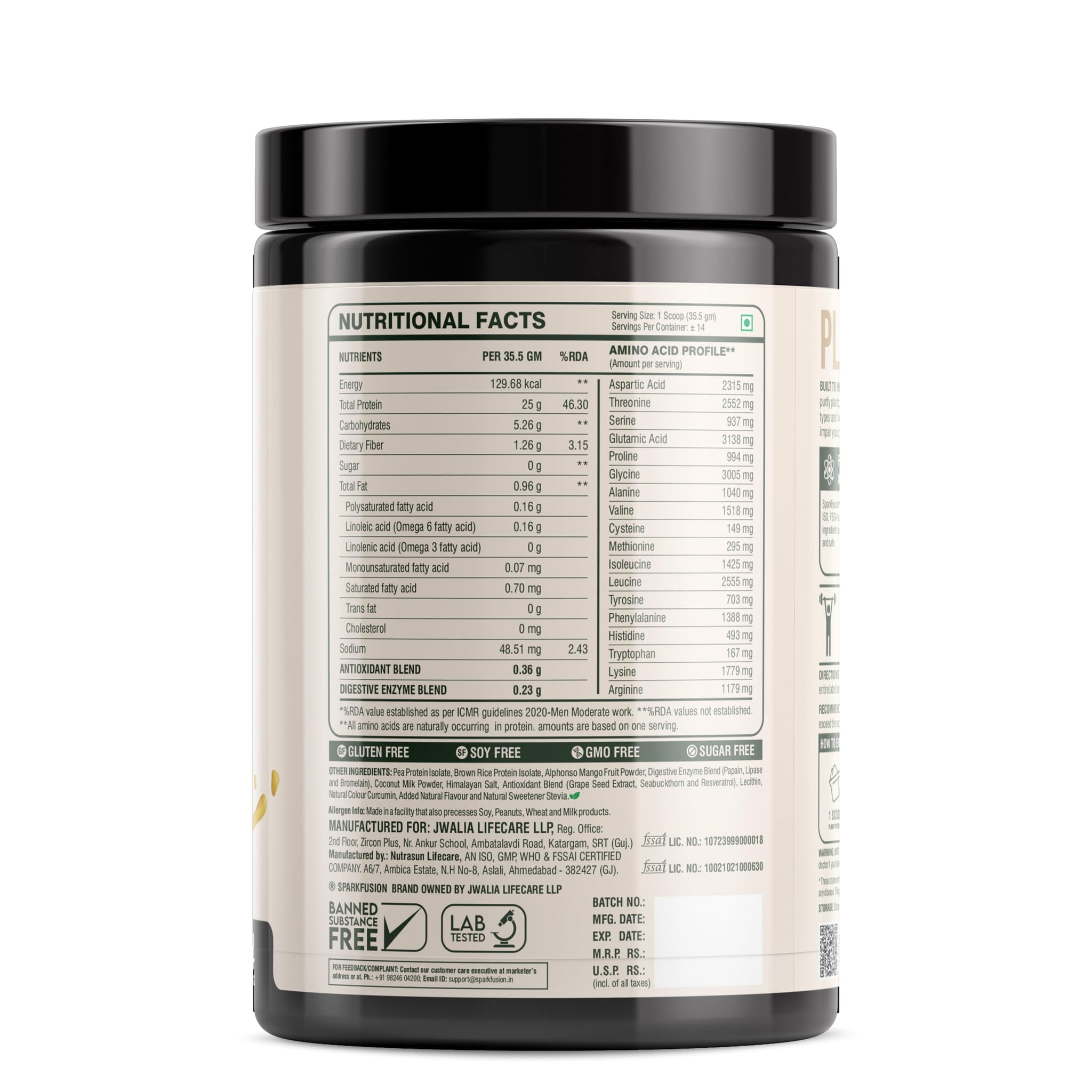 Sparkfusion Plant Protein Powder - Pea & Brown Rice Protein, Vegan, Gluten-Free, Soy-Free, Non-GMO, Digestive Enzymes - label