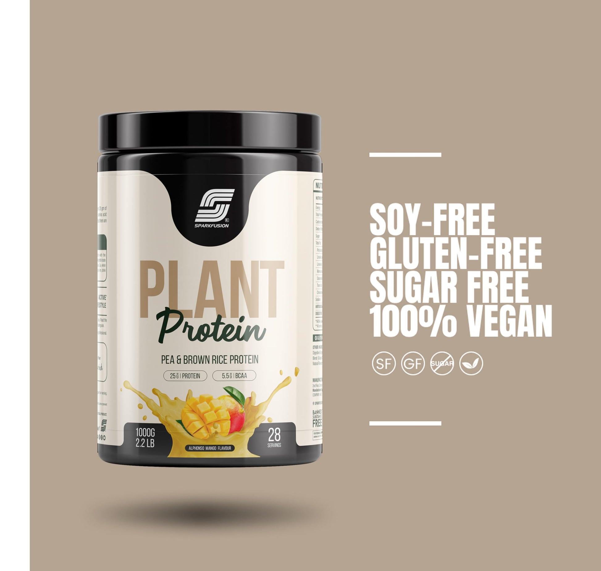 Sparkfusion Plant Protein Powder - Pea & Brown Rice Protein, Vegan, Gluten-Free, Soy-Free, Non-GMO, Digestive Enzymes - back 
