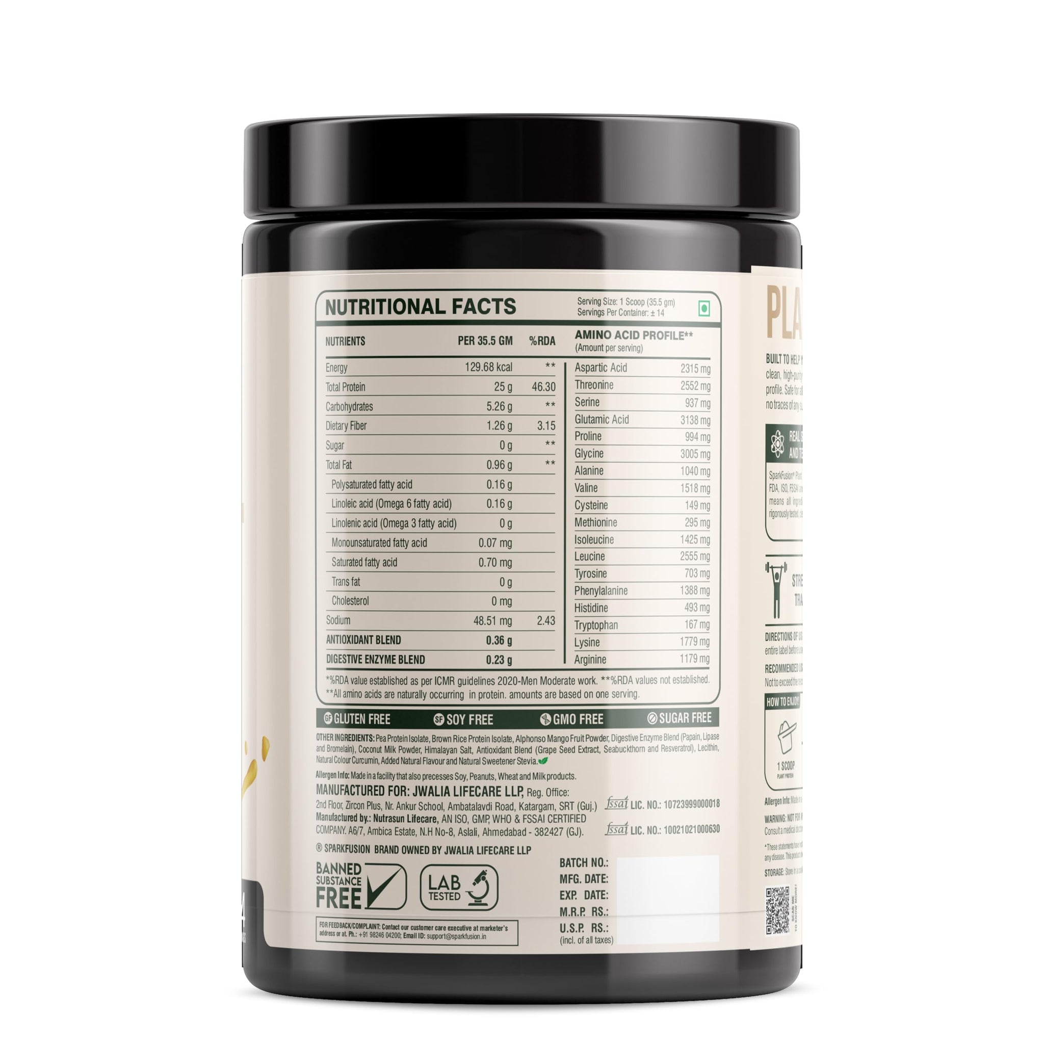 Sparkfusion Plant Protein Powder - Pea & Brown Rice Protein, Vegan, Gluten-Free, Soy-Free, Non-GMO, Digestive Enzymes - label