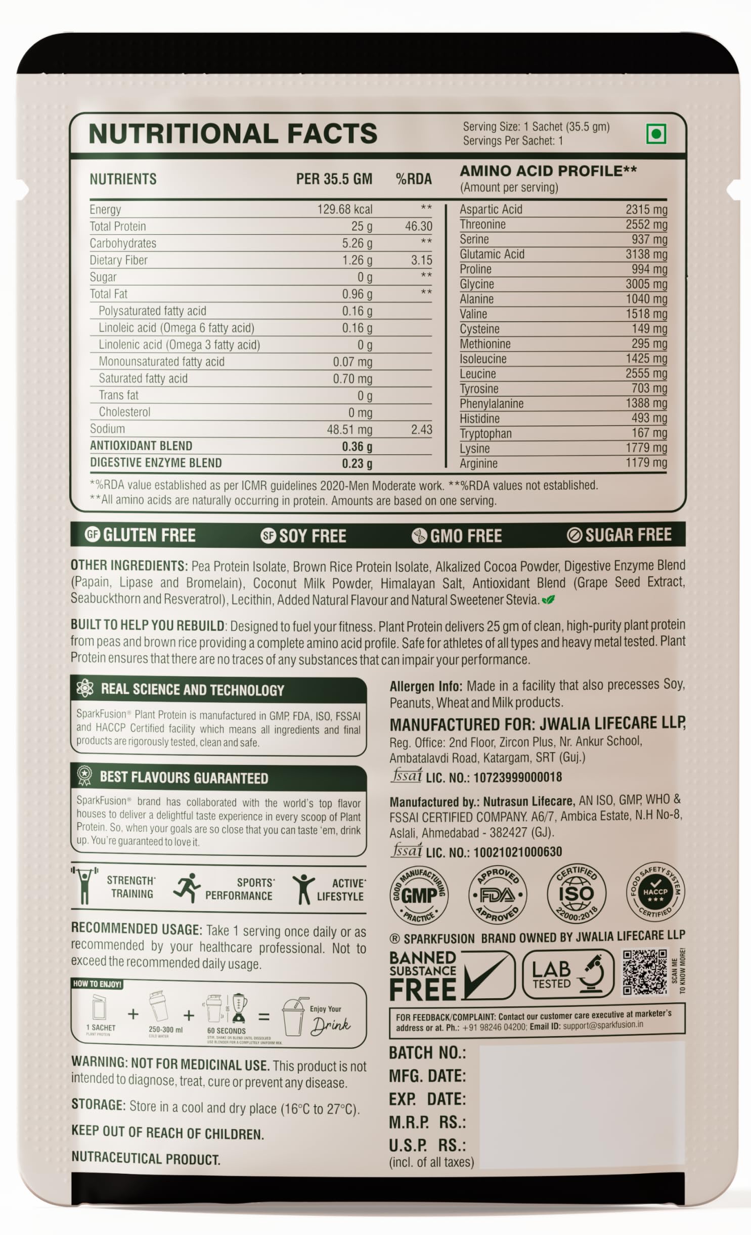 Sparkfusion Plant Protein Powder - Pea & Brown Rice Protein, Vegan, Gluten-Free, Soy-Free, Non-GMO, Digestive Enzymes - ingre