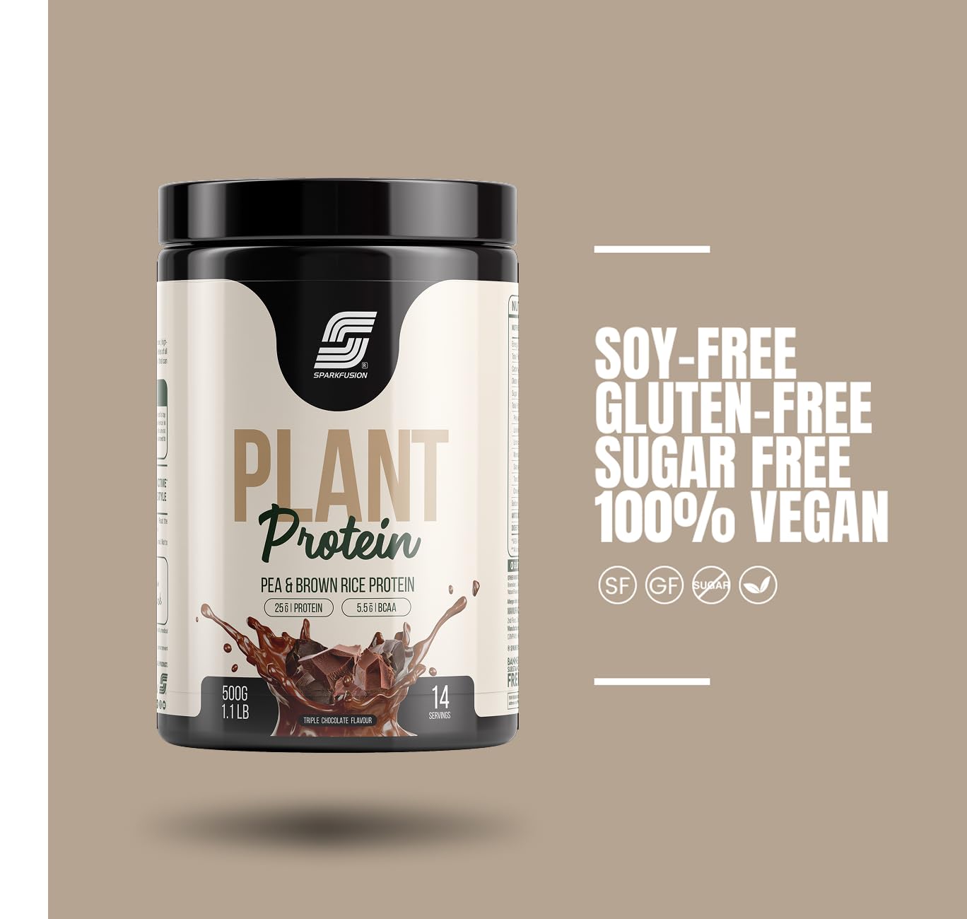 Sparkfusion Plant Protein Powder - Pea & Brown Rice Protein, Vegan, Gluten-Free, Soy-Free, Non-GMO, Digestive Enzymes - back 