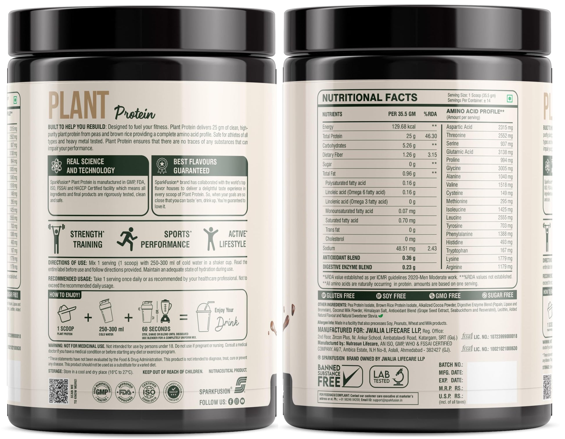Sparkfusion Plant Protein Powder - Pea & Brown Rice Protein, Vegan, Gluten-Free, Soy-Free, Non-GMO, Digestive Enzymes - close