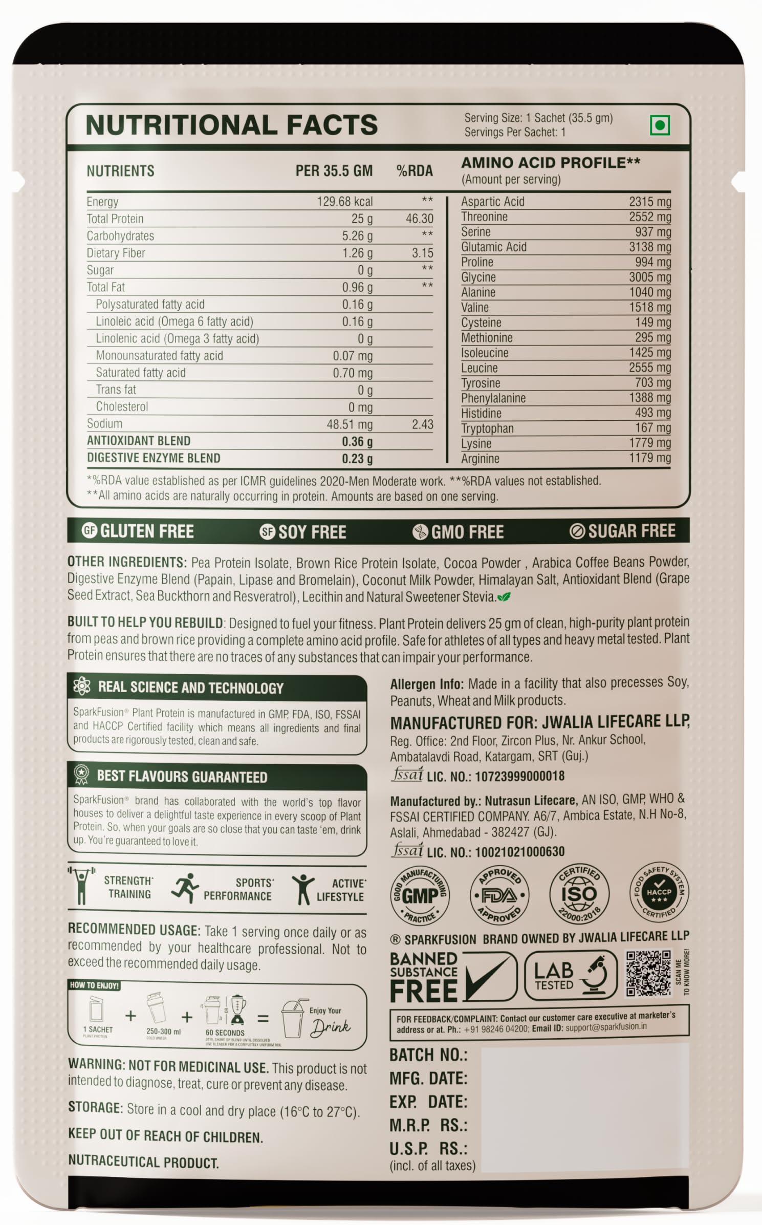 Sparkfusion Plant Protein Powder - Pea & Brown Rice Protein, Vegan, Gluten-Free, Soy-Free, Non-GMO, Digestive Enzymes - in us