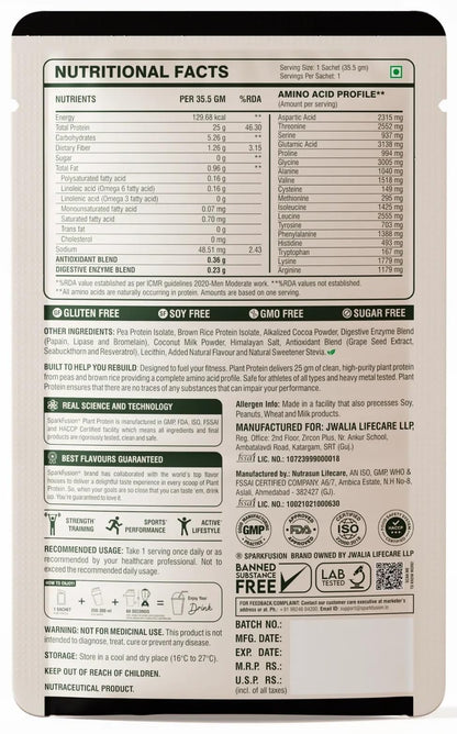 Sparkfusion Plant Protein Powder - Pea & Brown Rice Protein, Vegan, Gluten-Free, Soy-Free, Non-GMO, Digestive Enzymes - label