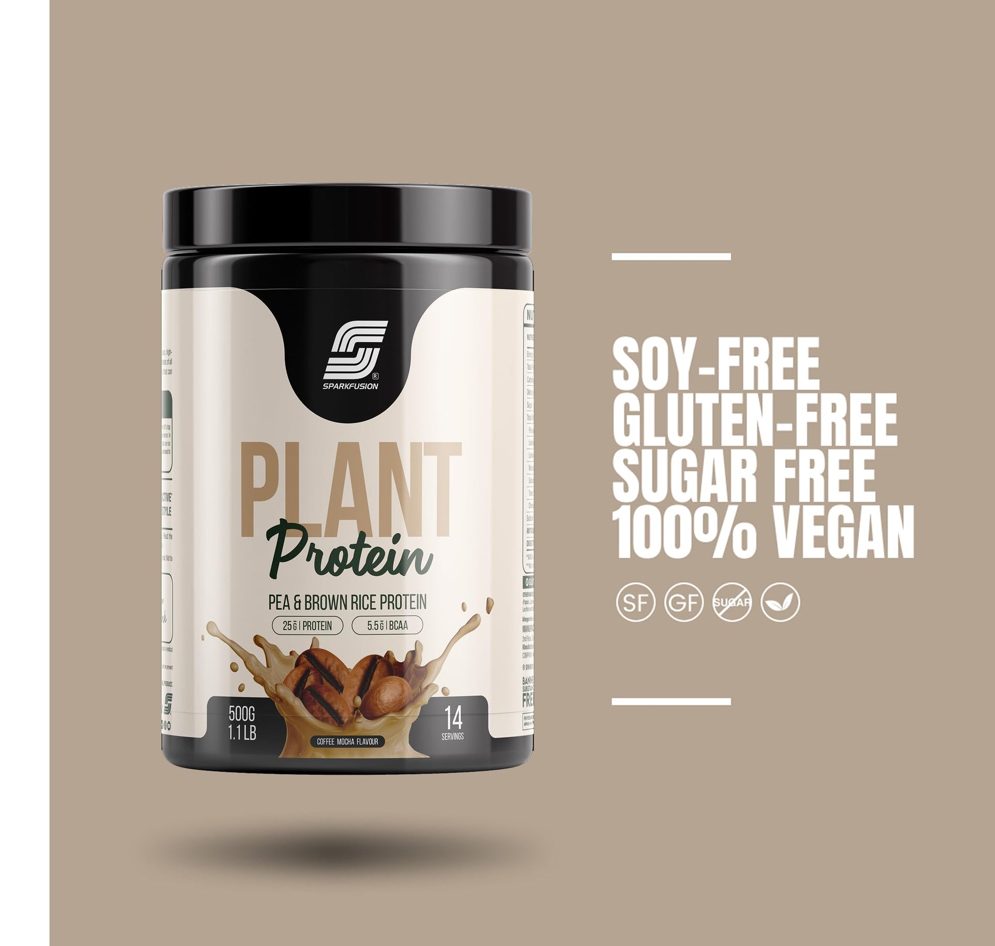 Sparkfusion Plant Protein Powder - Pea & Brown Rice Protein, Vegan, Gluten-Free, Soy-Free, Non-GMO, Digestive Enzymes - back 