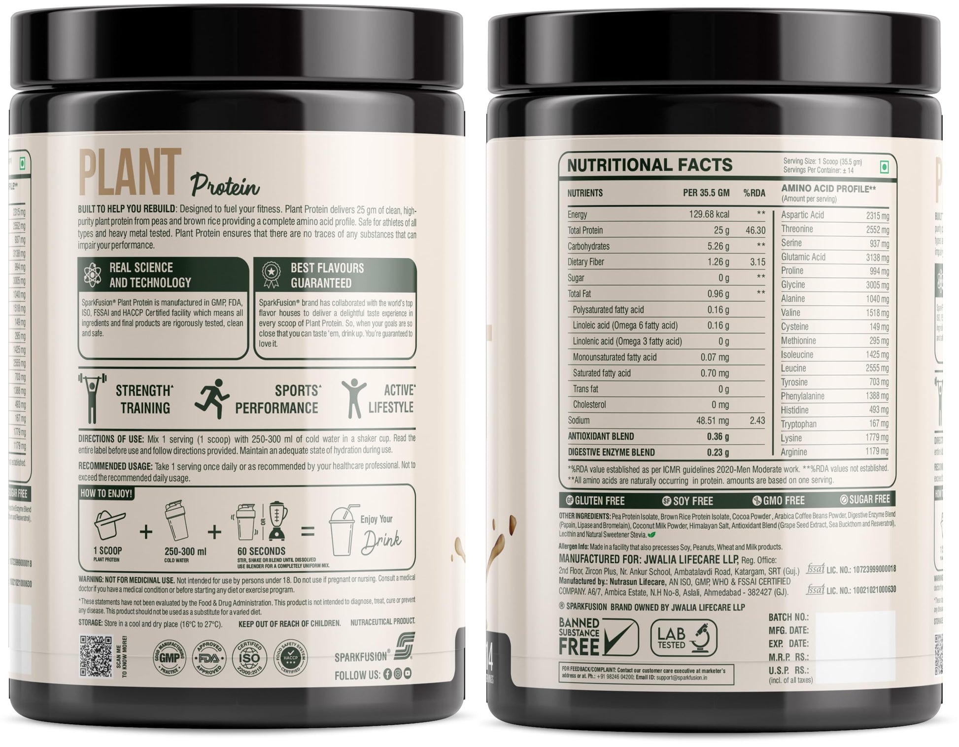 Sparkfusion Plant Protein Powder - Pea & Brown Rice Protein, Vegan, Gluten-Free, Soy-Free, Non-GMO, Digestive Enzymes - ingre
