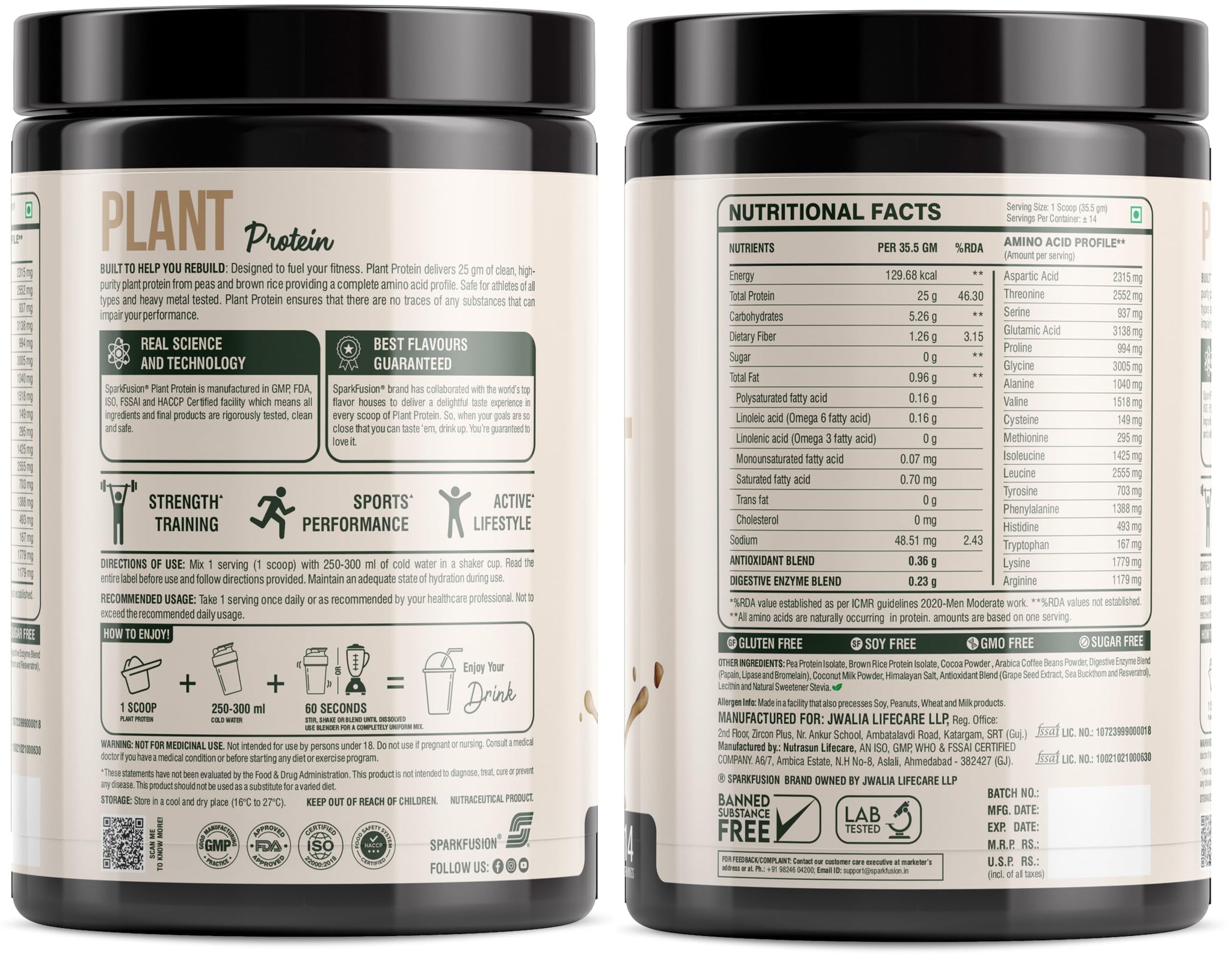 Sparkfusion Plant Protein Powder - Pea & Brown Rice Protein, Vegan, Gluten-Free, Soy-Free, Non-GMO, Digestive Enzymes - ingre