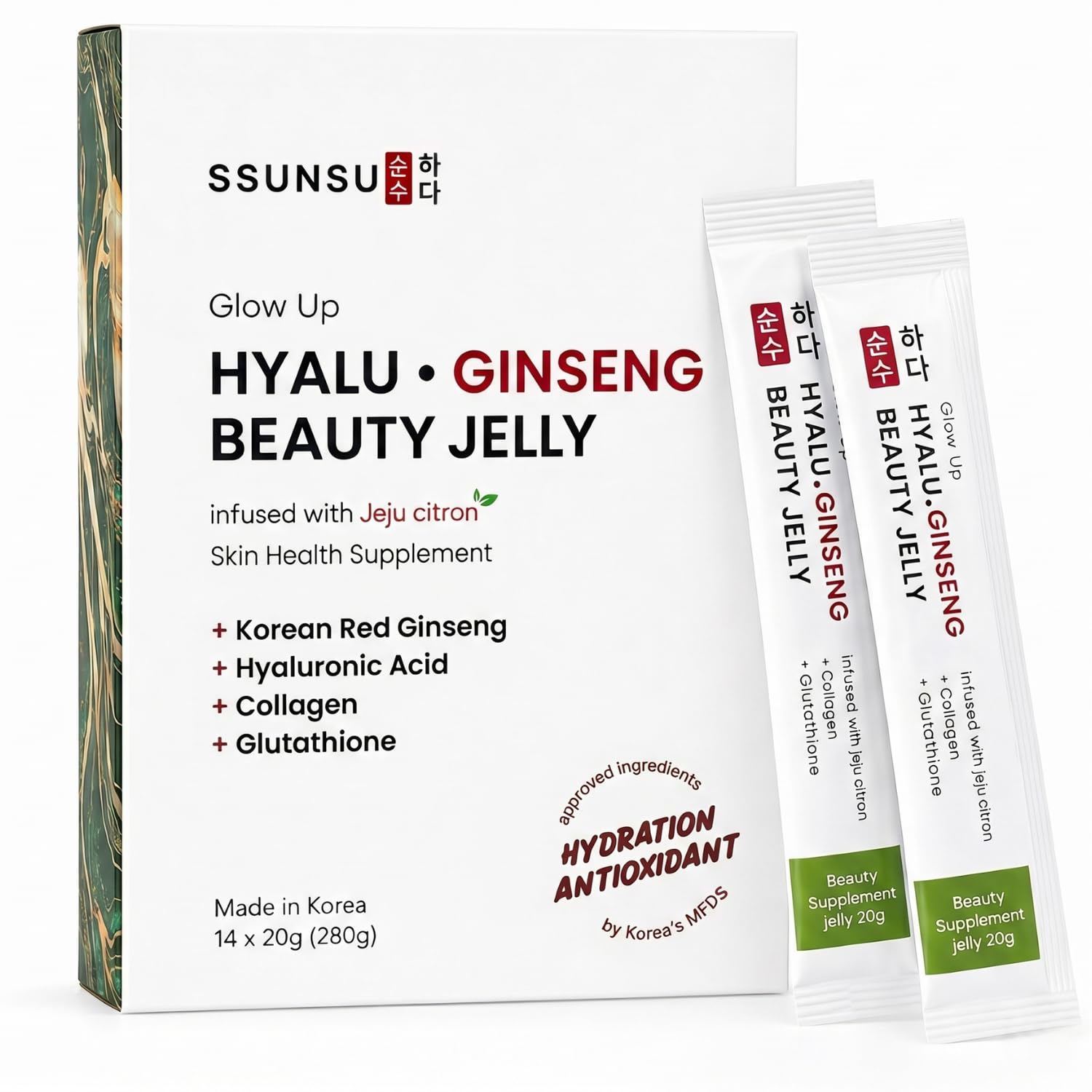 SSUNSU Hyalu Ginseng Jelly Supplement, 14 Sticks, 280g, Korean Red Ginseng with Collagen, Hyaluronic Acid & Glutathione