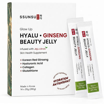 SSUNSU Hyalu Ginseng Jelly Supplement, 14 Sticks, 280g, Korean Red Ginseng with Collagen, Hyaluronic Acid & Glutathione
