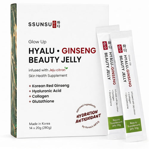 SSUNSU Hyalu Ginseng Jelly Supplement, 14 Sticks, 280g, Korean Red Ginseng with Collagen, Hyaluronic Acid & Glutathione