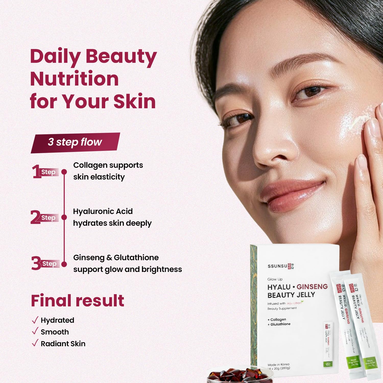 SSUNSU Hyalu Ginseng Jelly Supplement, 14 Sticks, 280g, Korean Red Ginseng with Collagen, Hyaluronic Acid & Glutathione - clo