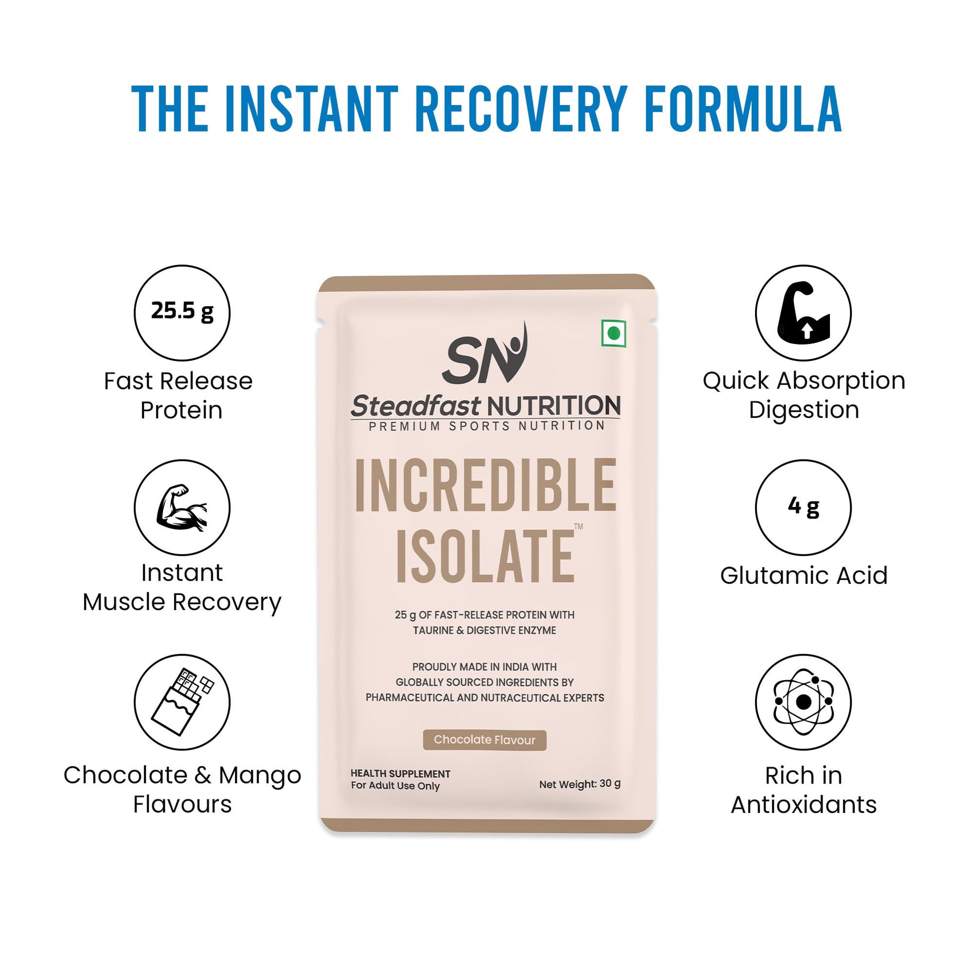 Steadfast Nutrition Incredible Isolate Whey Protein Powder, 900g, 30 Sachets, Low Carb Formula - front view