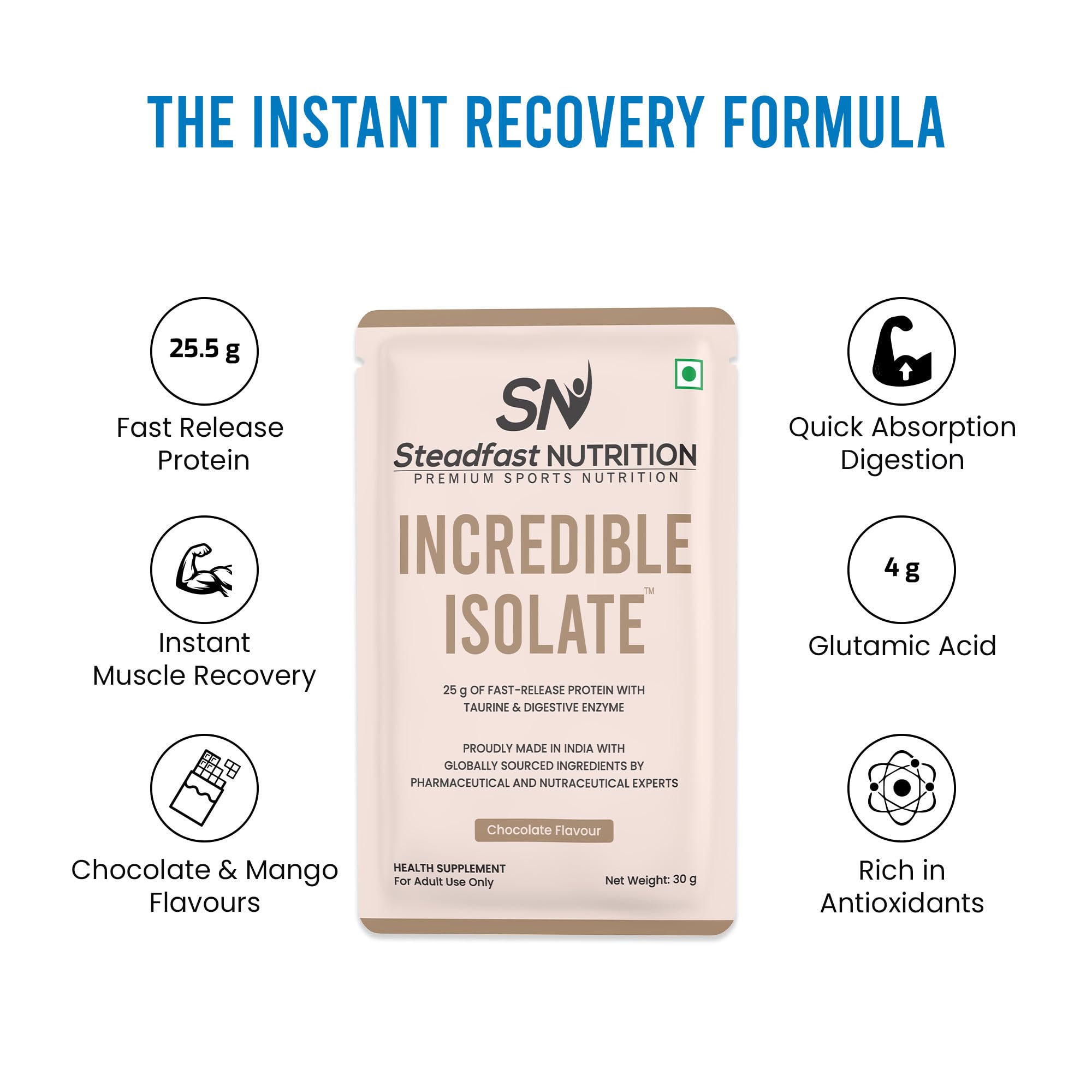 Steadfast Nutrition Incredible Isolate Whey Protein Powder, 900g, 30 Sachets, Low Carb Formula - front view