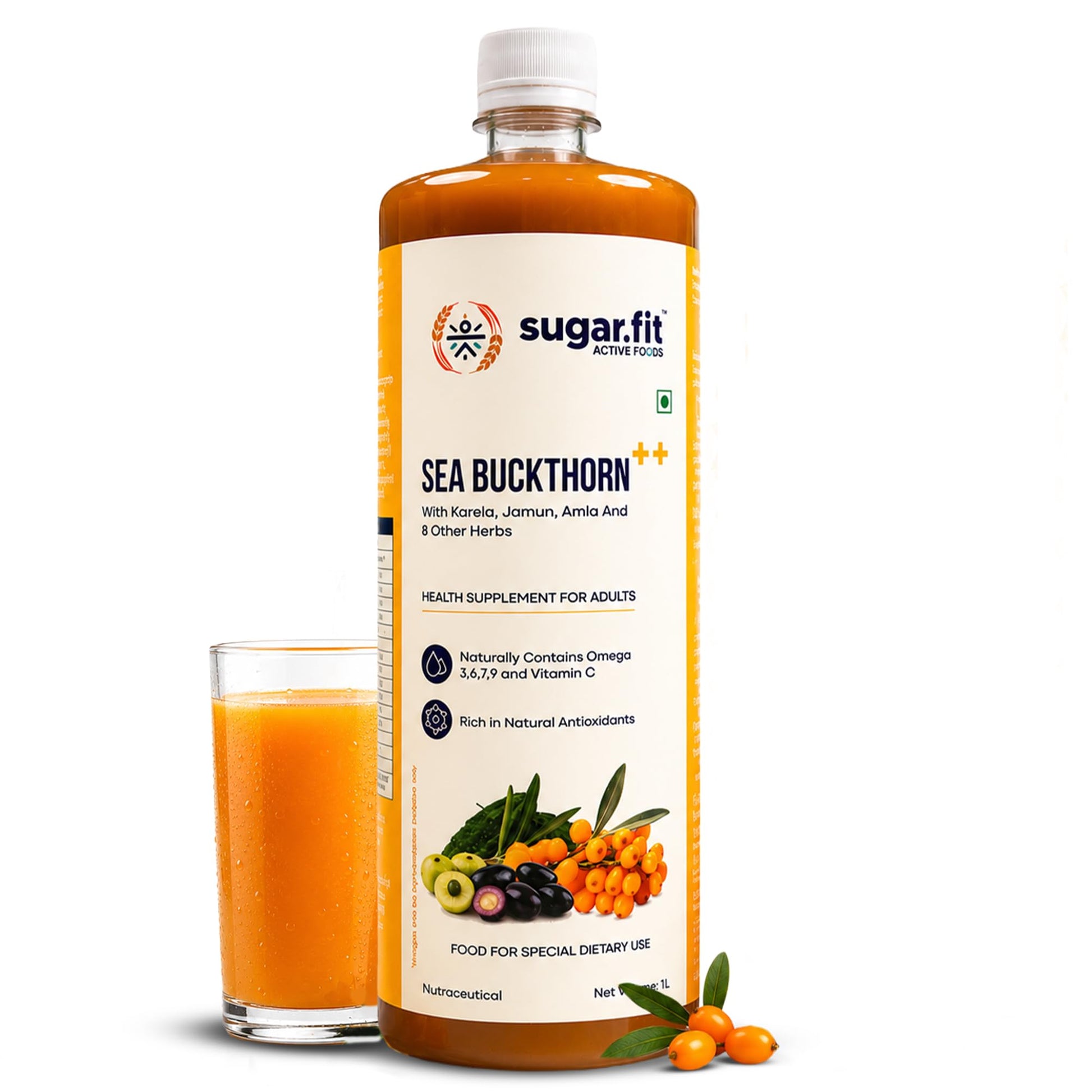 sugar.fit Himalayan Sea Buckthorn Juice with 14 Herbs, Cold Pressed, 1L