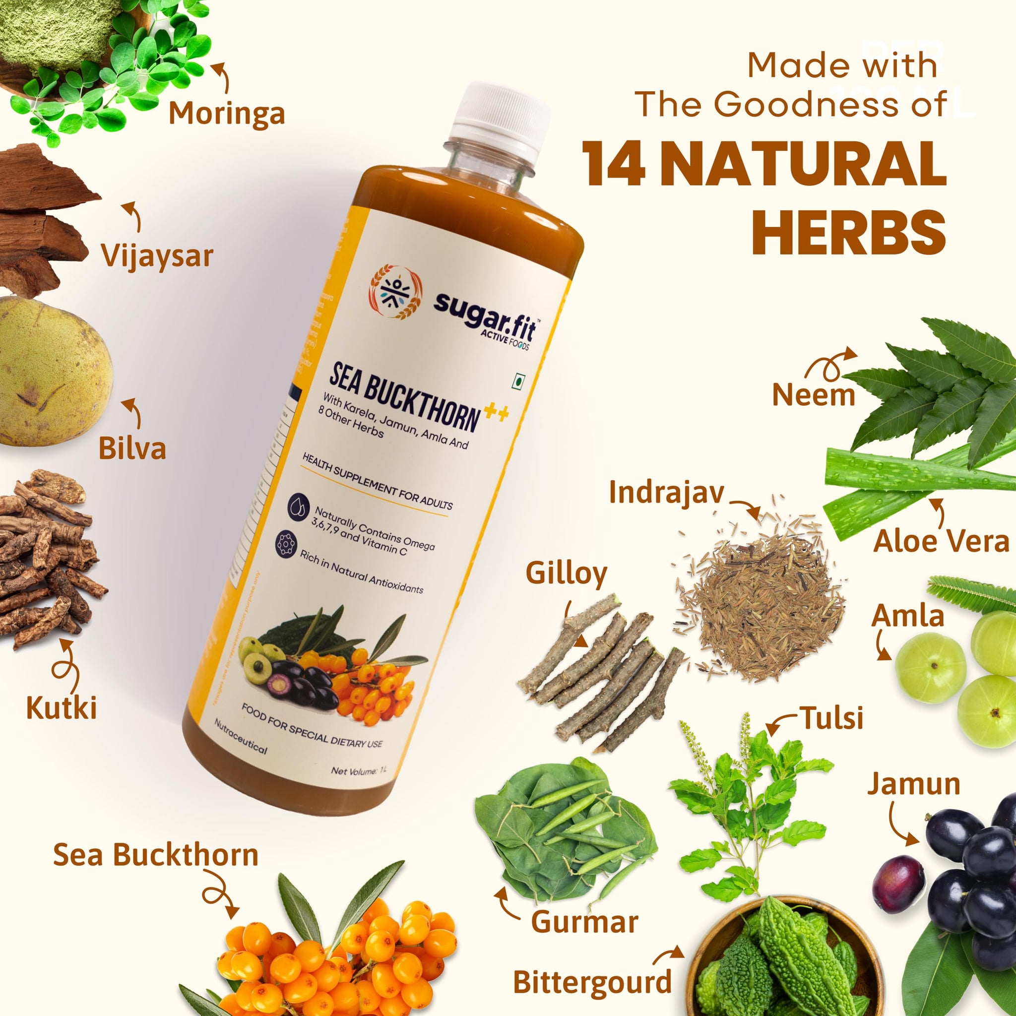 sugar.fit Himalayan Sea Buckthorn Juice with 14 Herbs, Cold Pressed, 1L - front view