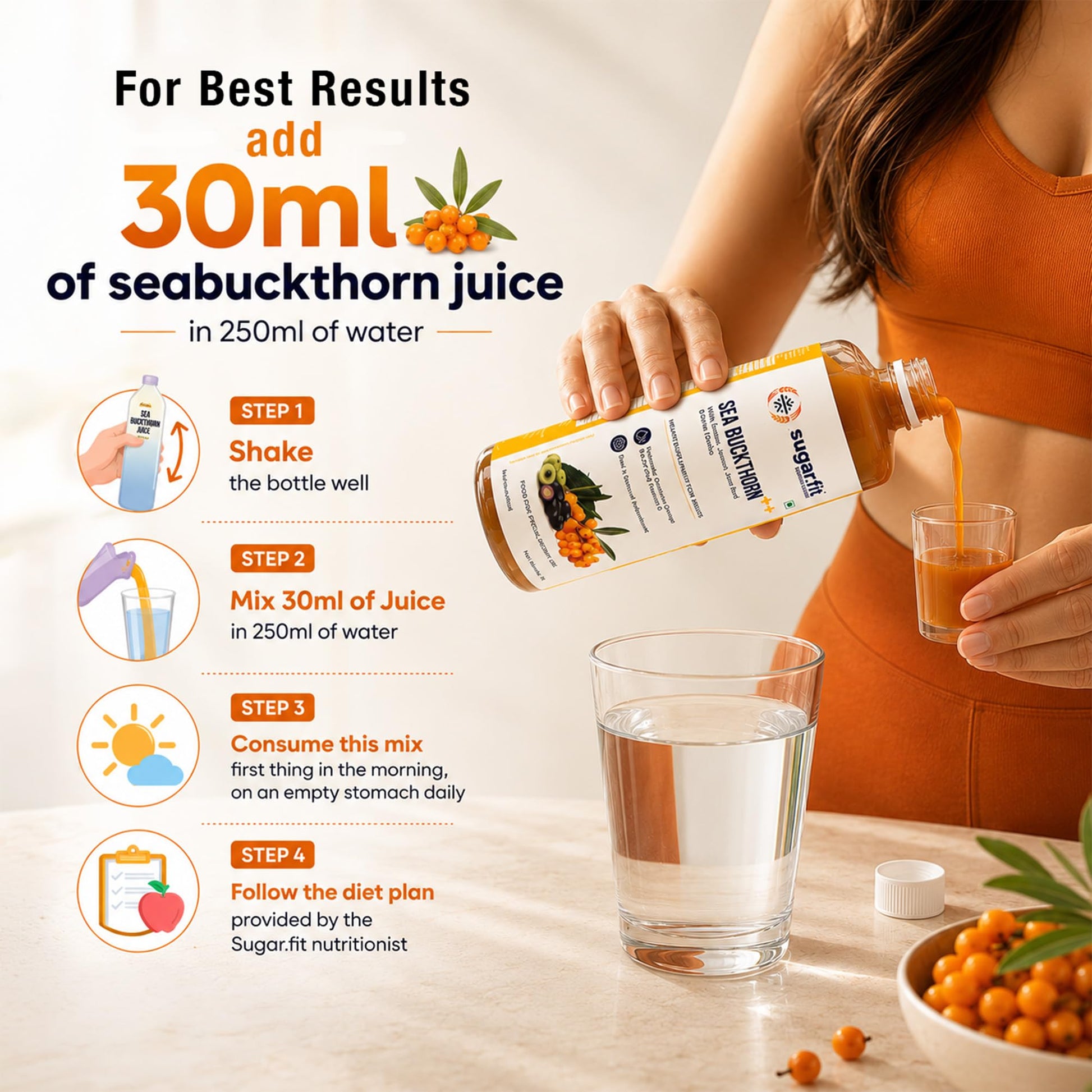 sugar.fit Himalayan Sea Buckthorn Juice with 14 Herbs, Cold Pressed, 1L - packaging