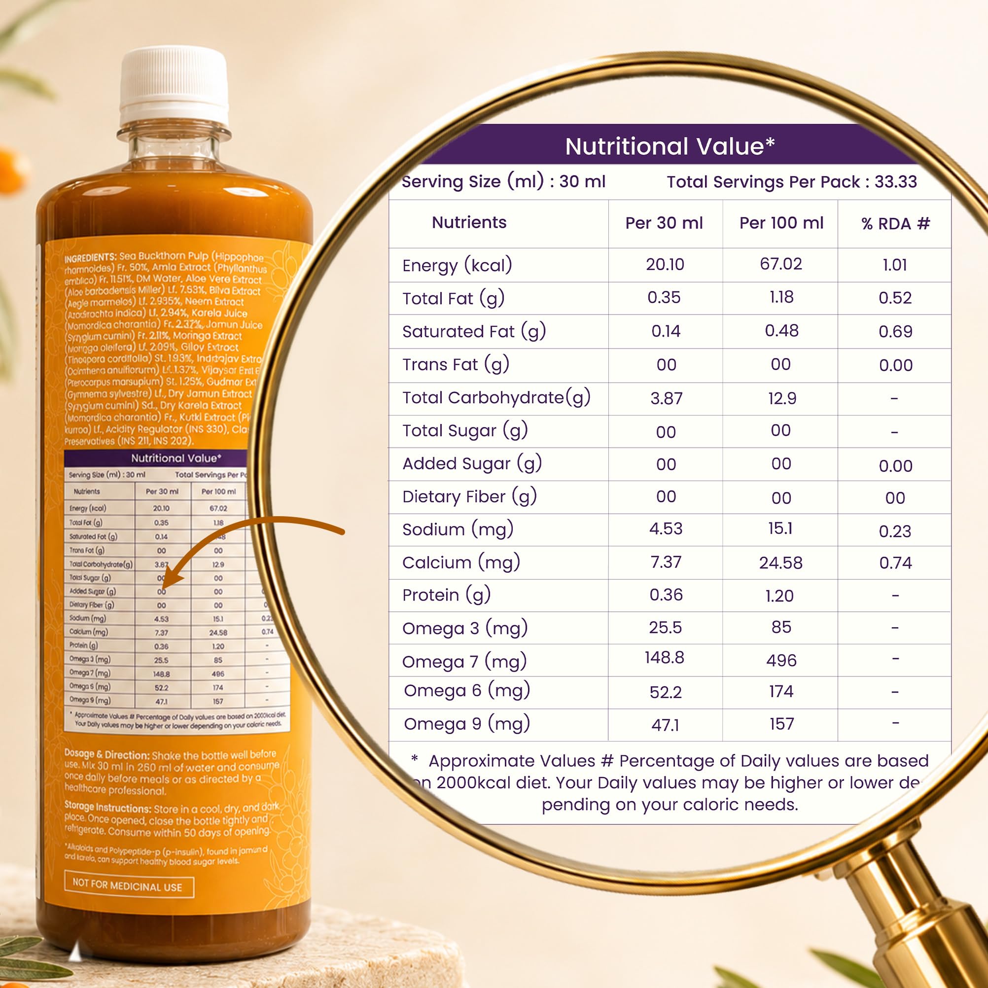 sugar.fit Himalayan Sea Buckthorn Juice with 14 Herbs, Cold Pressed, 1L - label detail