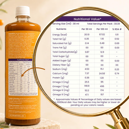 sugar.fit Himalayan Sea Buckthorn Juice with 14 Herbs, Cold Pressed, 1L - label detail