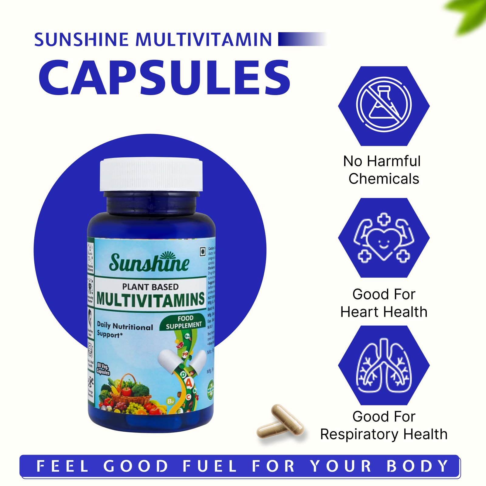 SUNSHINE HEALTH & BEAUTY Multivitamin 45 Ingredients 60 Vegetarian Capsules 30 Day Supply - front view