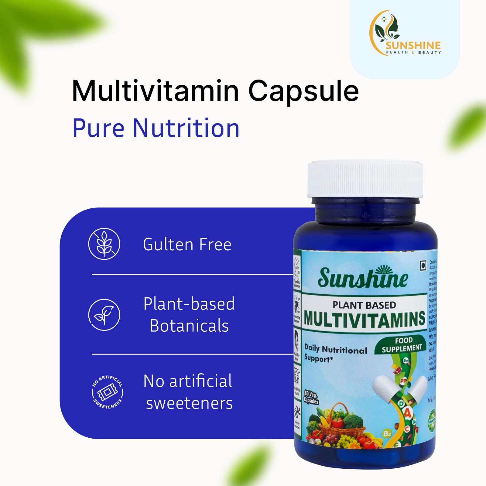 SUNSHINE HEALTH & BEAUTY Multivitamin 45 Ingredients 60 Vegetarian Capsules 30 Day Supply - packaging