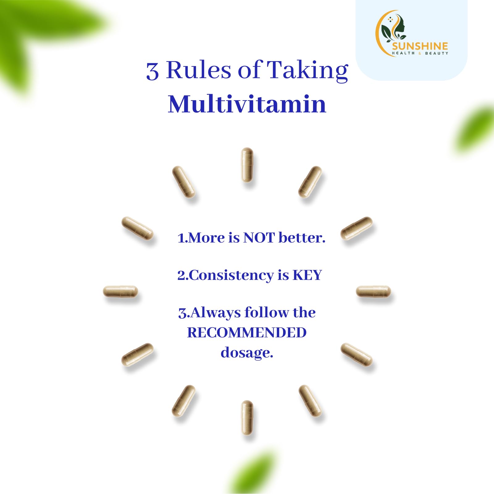 SUNSHINE HEALTH & BEAUTY Multivitamin 45 Ingredients 60 Vegetarian Capsules 30 Day Supply - label detail