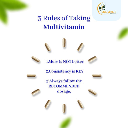 SUNSHINE HEALTH & BEAUTY Multivitamin 45 Ingredients 60 Vegetarian Capsules 30 Day Supply - label detail