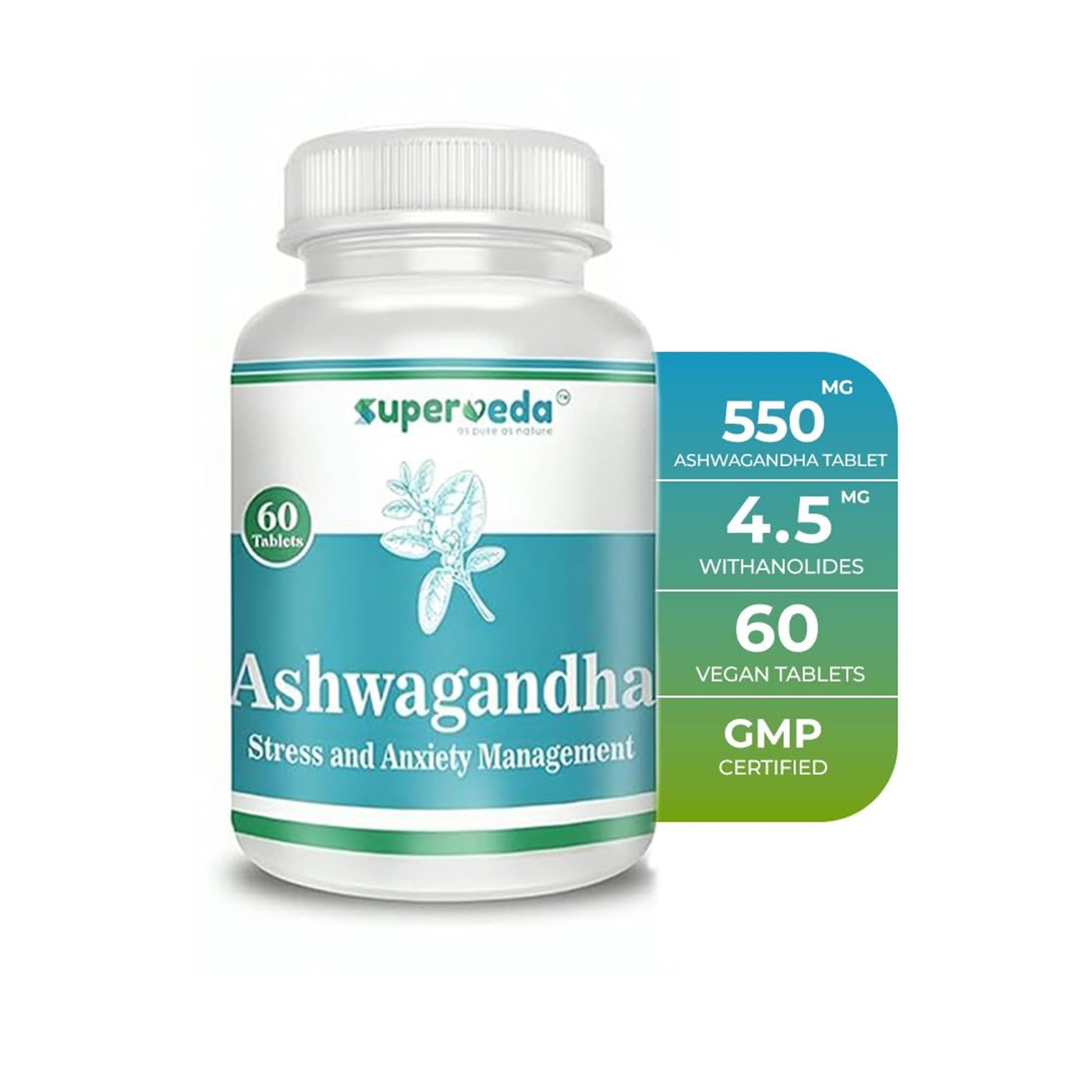Superveda Ashwagandha Root Extract Tablets, 500mg, 60 Count, Vegan, Non-GMO, Gluten-Free - front view
