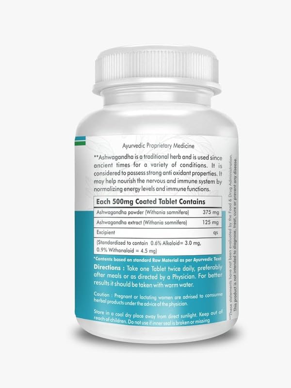 Superveda Ashwagandha Root Extract Tablets, 500mg, 60 Count, Vegan, Non-GMO, Gluten-Free - back view
