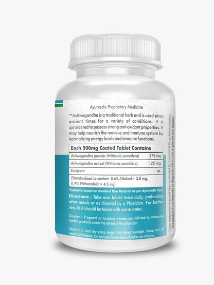 Superveda Ashwagandha Root Extract Tablets, 500mg, 60 Count, Vegan, Non-GMO, Gluten-Free - back view