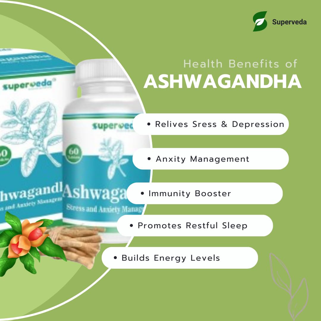 Superveda Ashwagandha Root Extract Tablets, 500mg, 60 Count, Vegan, Non-GMO, Gluten-Free - packaging