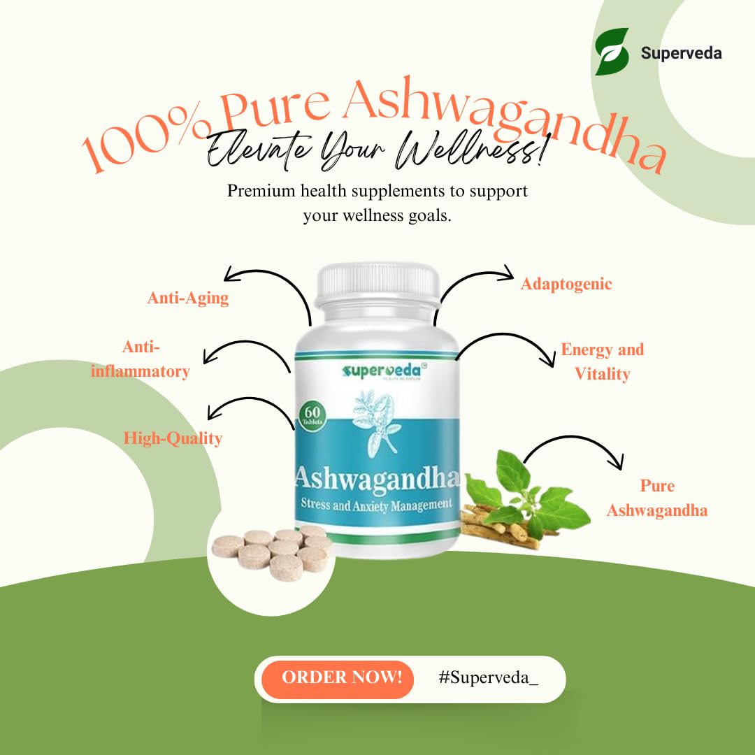 Superveda Ashwagandha Root Extract Tablets, 500mg, 60 Count, Vegan, Non-GMO, Gluten-Free - label detail