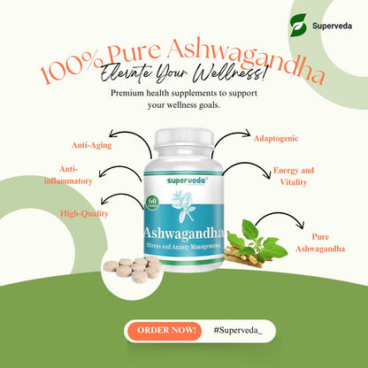 Superveda Ashwagandha Root Extract Tablets, 500mg, 60 Count, Vegan, Non-GMO, Gluten-Free - label detail