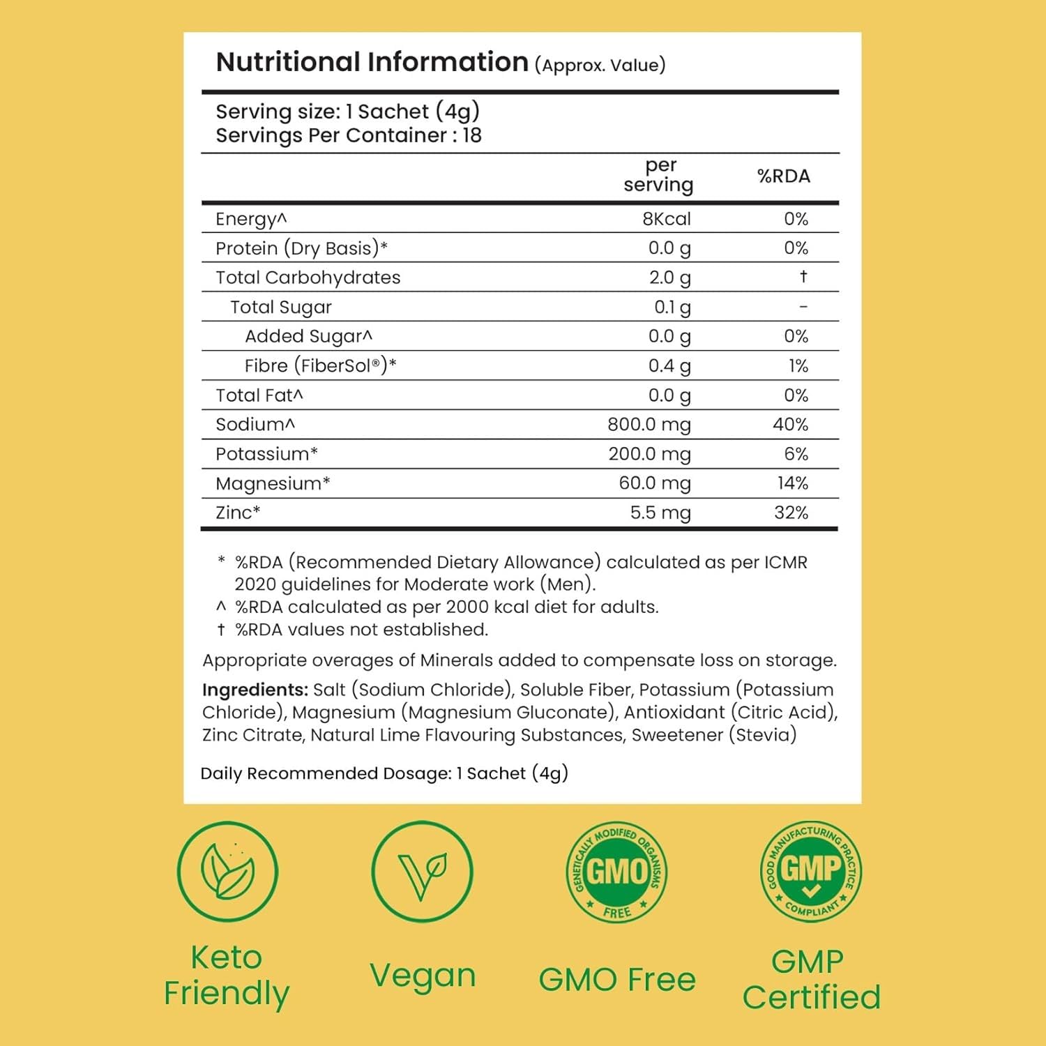 SUPPLY6 Electrolyte Replacement Mix, Zero Added Sugar, Vegan and Keto Friendly, Stick Packs - ingredients panel (20)