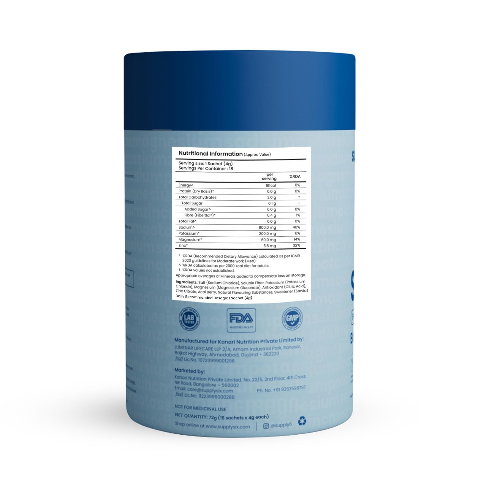SUPPLY6 Electrolyte Replacement Mix, Zero Added Sugar, Vegan and Keto Friendly, Stick Packs - ingredients panel