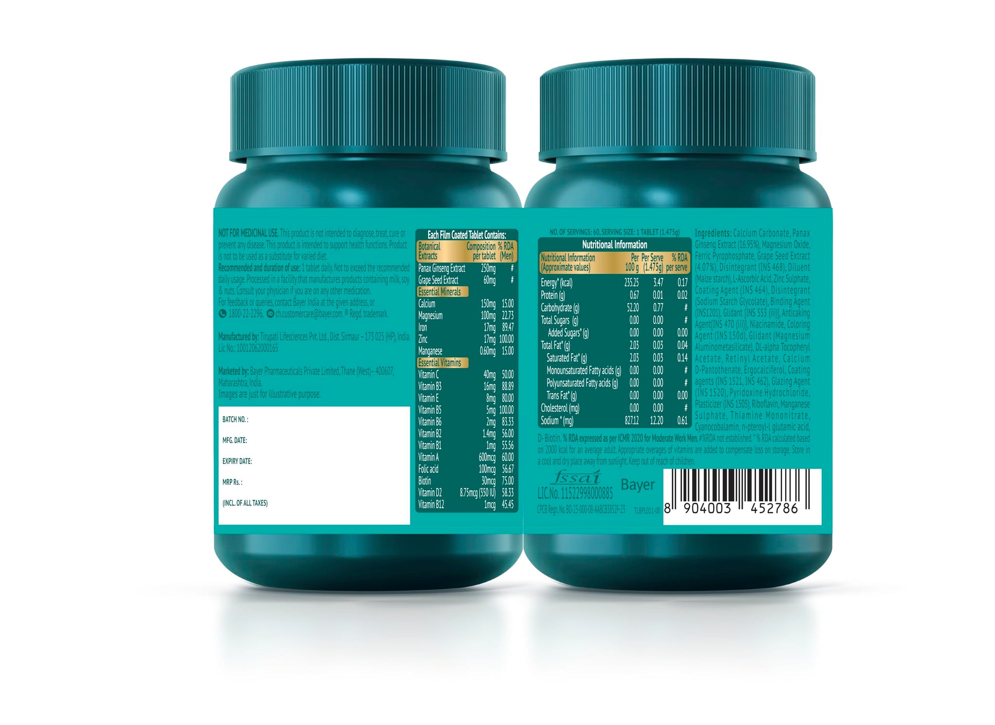 Supradyn Naturals Ginseng Multivitamin Tablets for Men, 12 Vitamins & 5 Minerals, Vegetarian, Sugar-Free - front view