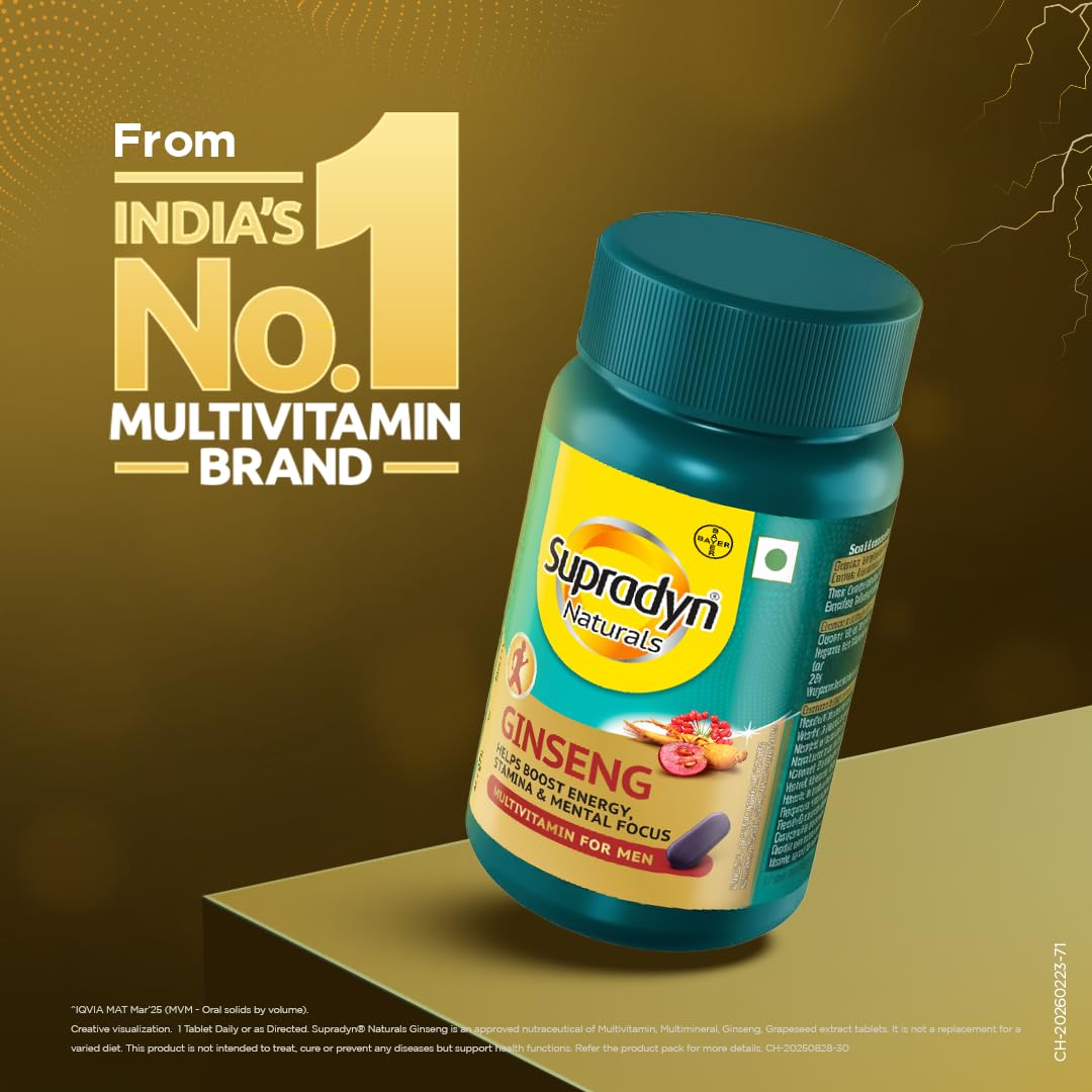 Supradyn Naturals Ginseng Multivitamin Tablets for Men, 12 Vitamins & 5 Minerals, Vegetarian, Sugar-Free - label detail