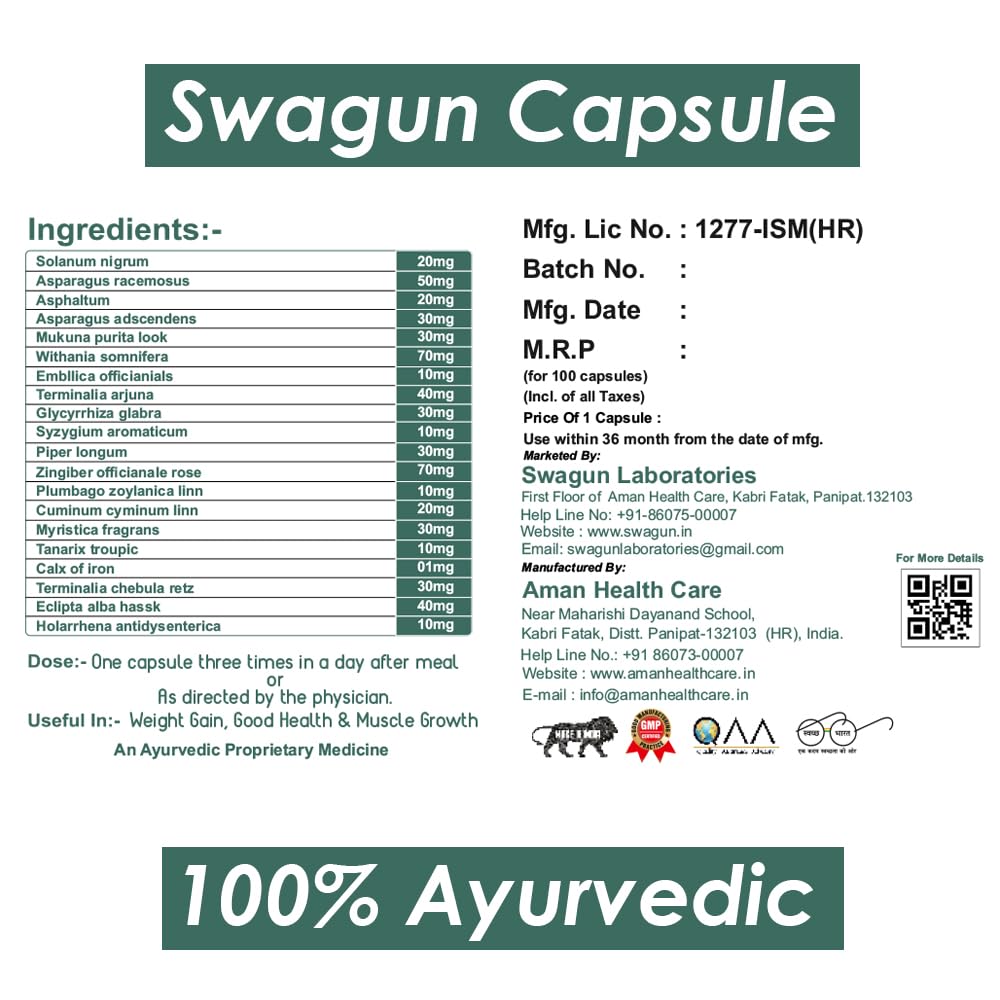 SWAGUN Ayurvedic Herbal Supplement Capsules, 100 Count, with Ashwagandha Shatavari Shilajit Amla, Vegan Non-GMO, GMP-Certifie