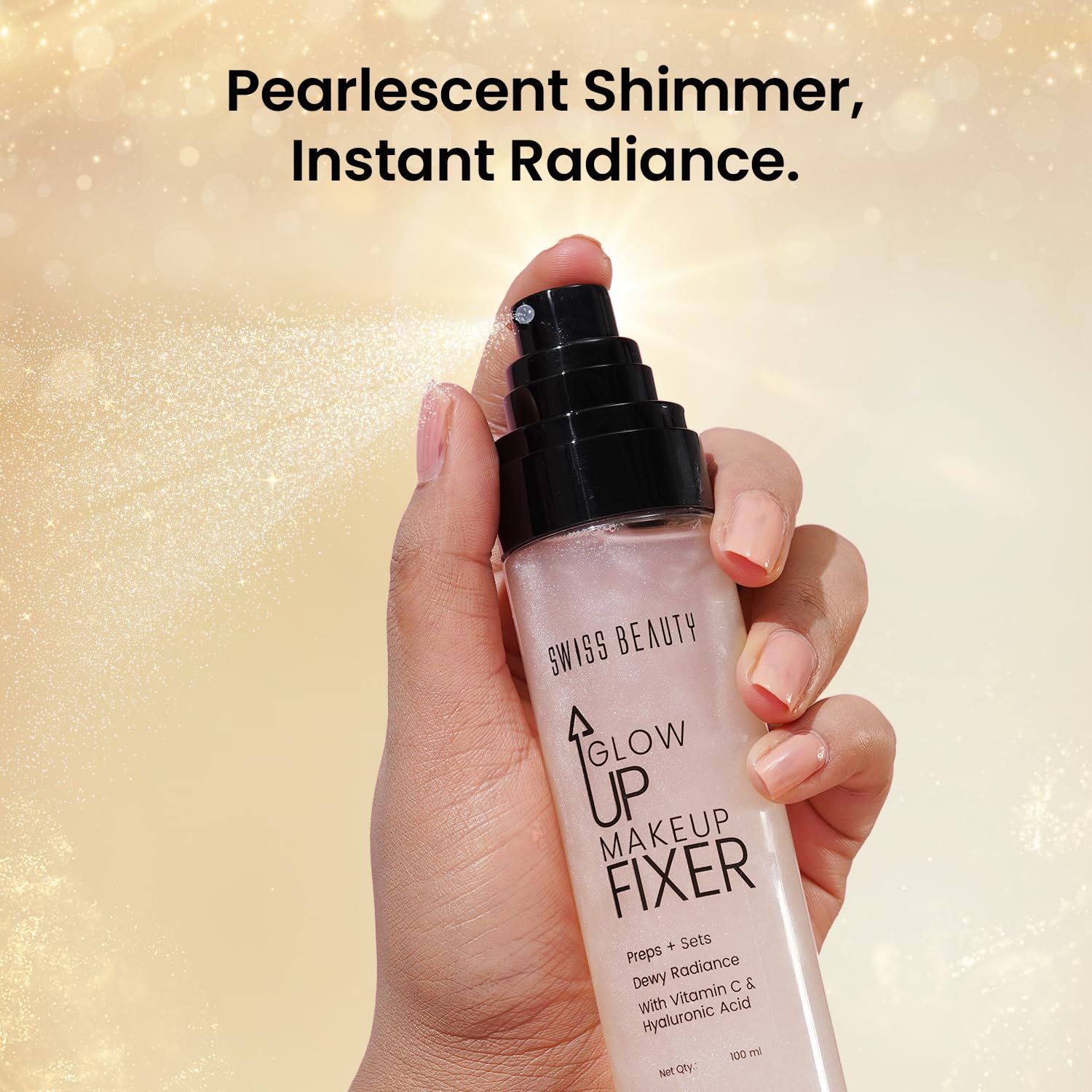 Swiss Beauty Glow Up Makeup Fixer, 2-in-1 Prep & Setting Spray, 100ml, Dewy Radiance with Vitamin C & Hyaluronic Acid - front