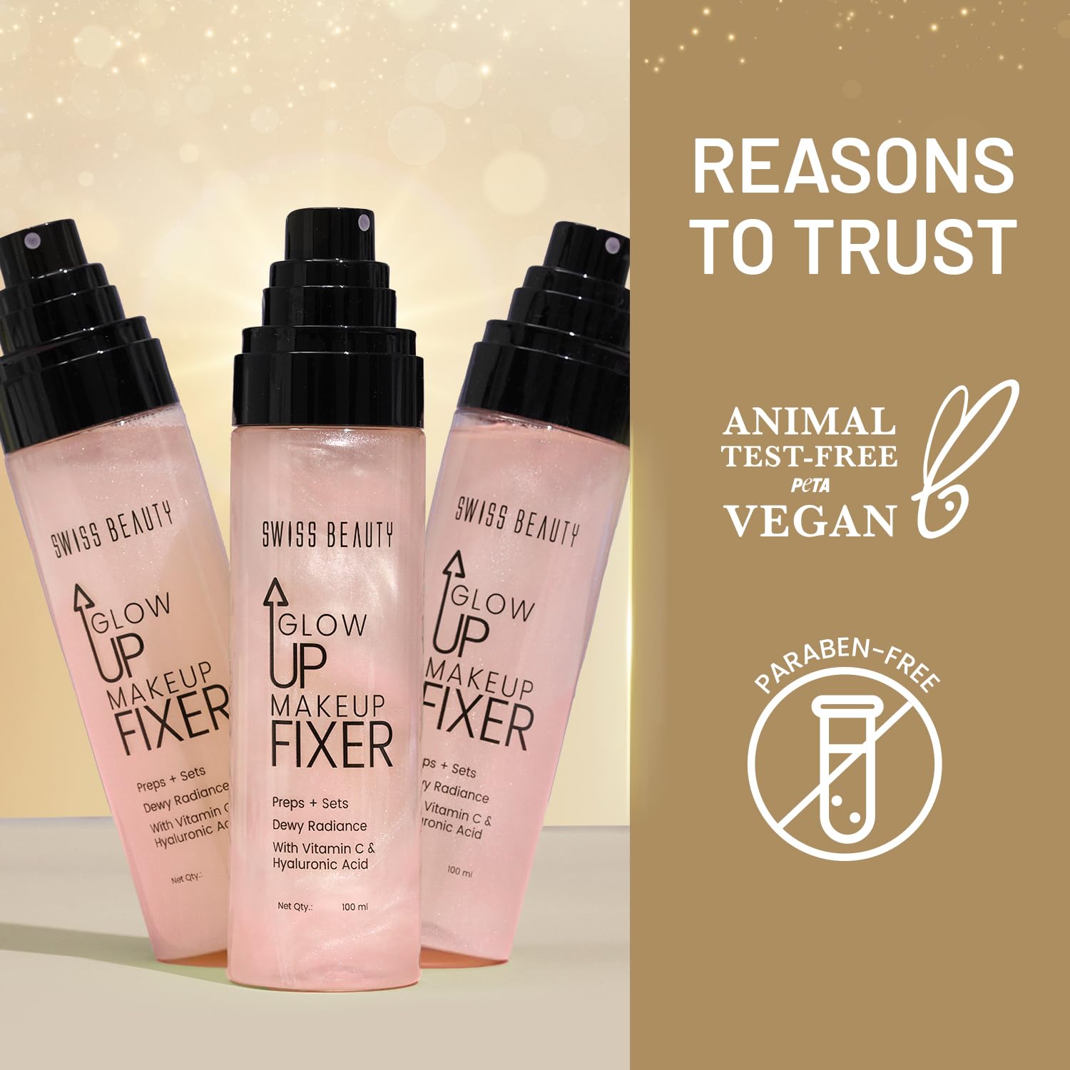 Swiss Beauty Glow Up Makeup Fixer, 2-in-1 Prep & Setting Spray, 100ml, Dewy Radiance with Vitamin C & Hyaluronic Acid - packa