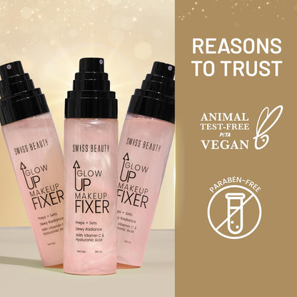 Swiss Beauty Glow Up Makeup Fixer, 2-in-1 Prep & Setting Spray, 100ml, Dewy Radiance with Vitamin C & Hyaluronic Acid - packa