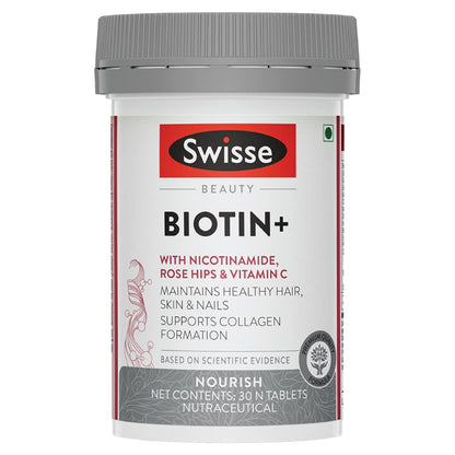 Swisse Biotin+ Tablets, 30 mcg Biotin with Vitamin C, Nicotinamide, Rose Hip Extract, 100% Vegetarian Dietary Supplement, Man