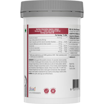 Swisse Biotin+ Tablets, 30 mcg Biotin with Vitamin C, Nicotinamide, Rose Hip Extract, 100% Vegetarian Dietary Supplement, Man