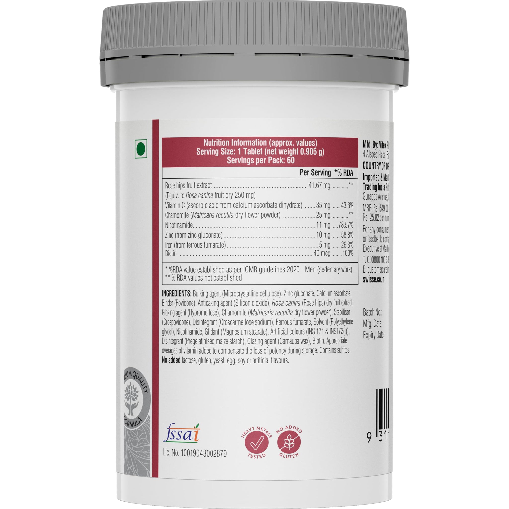 Swisse Biotin+ Tablets, 30 mcg Biotin with Vitamin C, Nicotinamide, Rose Hip Extract, 100% Vegetarian Dietary Supplement, Man