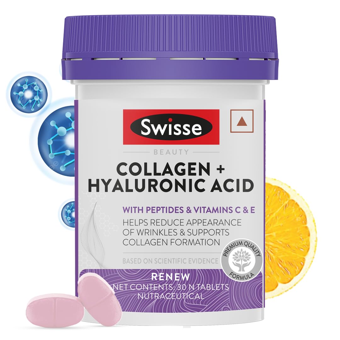 Swisse Collagen+ Hyaluronic Acid Supplement, 30 Tablets with Peptides, Vitamins C & E, Unisex Adult
